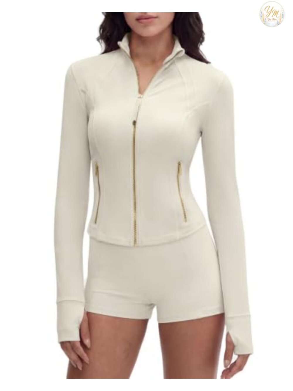 Golden Zipper Cropped Athletic Jacket with Thumb Holes - 75% Nylon 25% Elastane